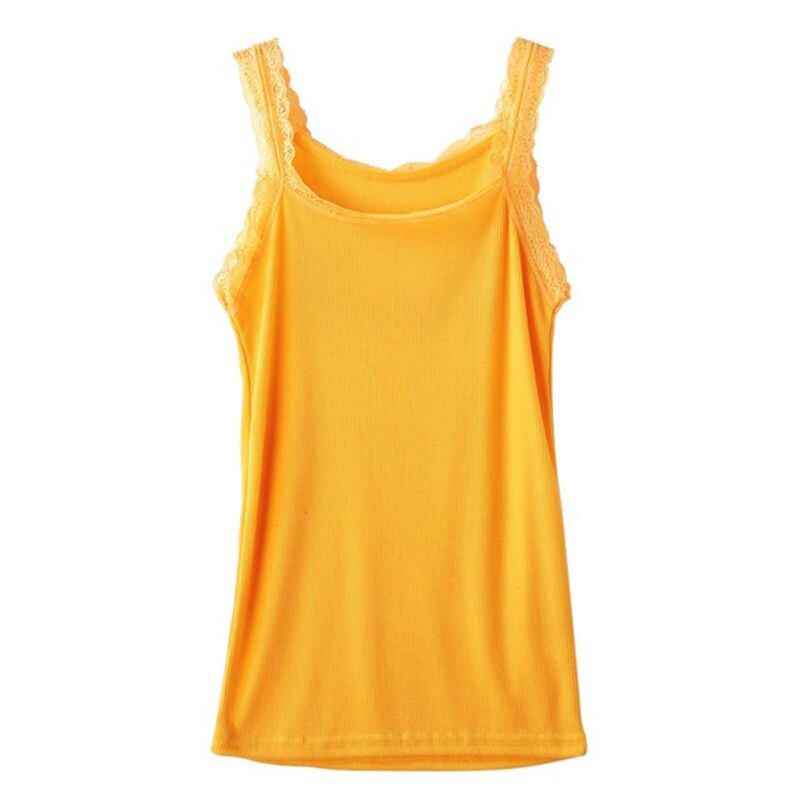 Vrouwen Zomer Mouwloze Tank Solid Candy Kleur Basic Hemdje Bloemen Kant Trim Geribbelde Gebreide Casual Ondergoed Slanke Vest: Bright Yellow