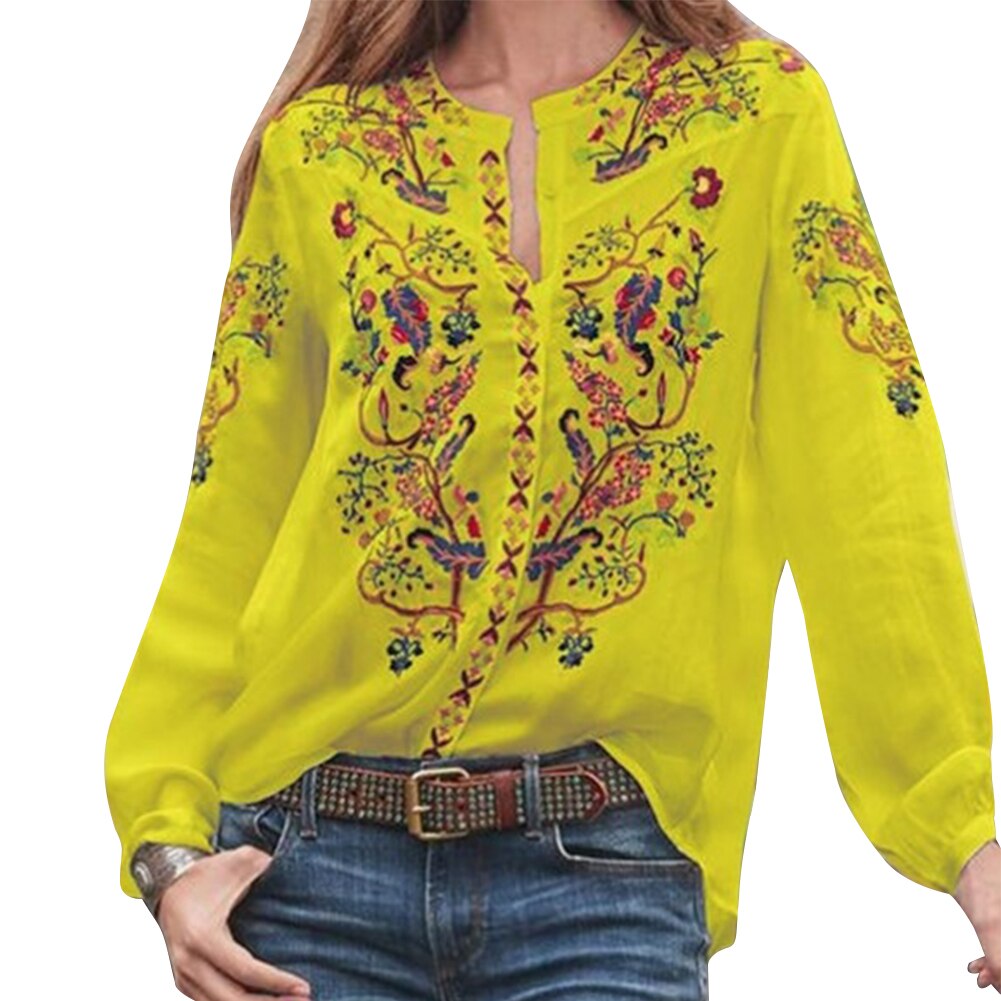 Crew Neck Losse Dames Vrouwen Blouse Tops Party Vrouwelijke Gedrukt Casual Zomer Lantaarn Mouw Polyester Etnische: Geel / L