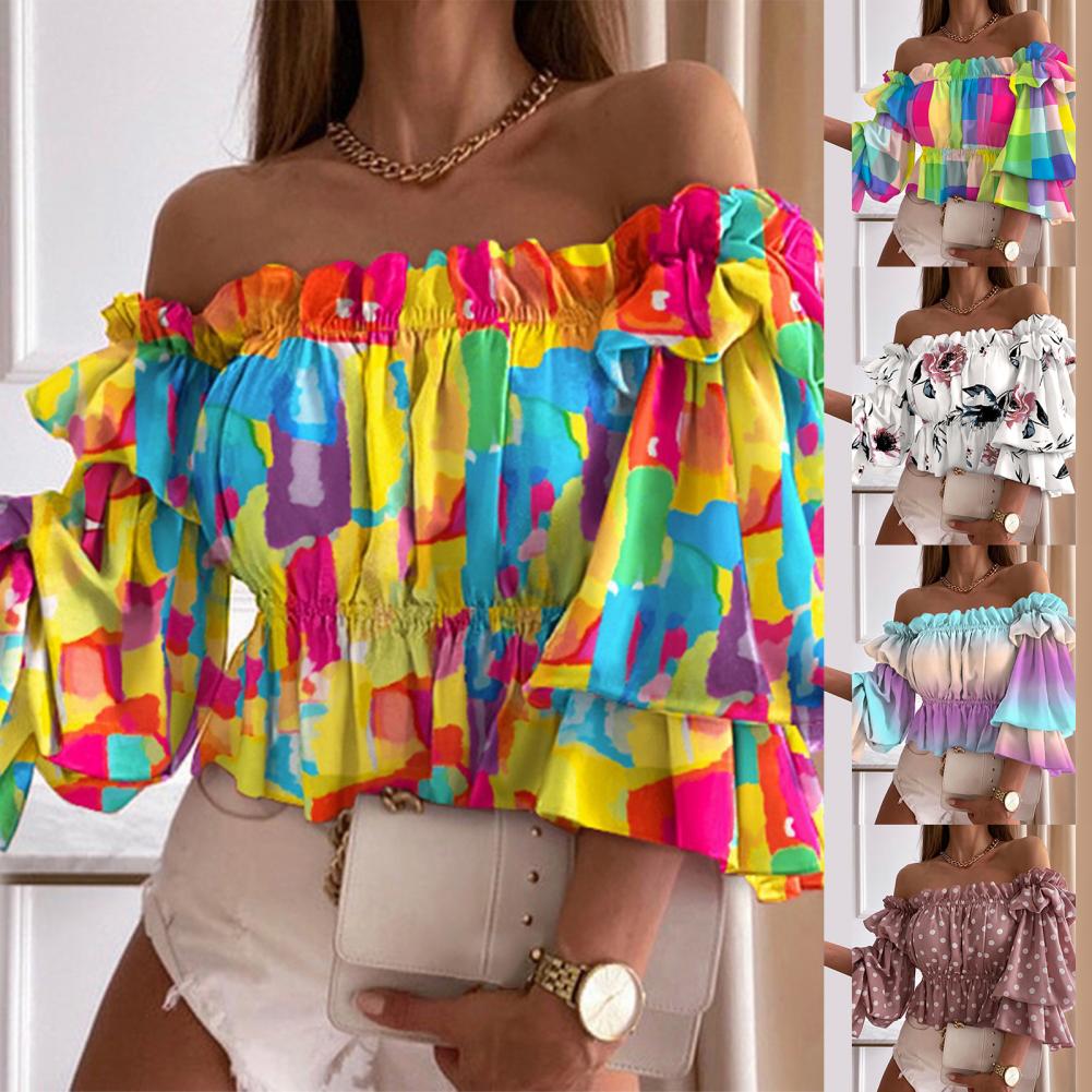 Sexet sommertop med flare-ærmer og off-shoulder-fløjlsskjorte med blomsterprint og let skjorte til hverdagsbrug