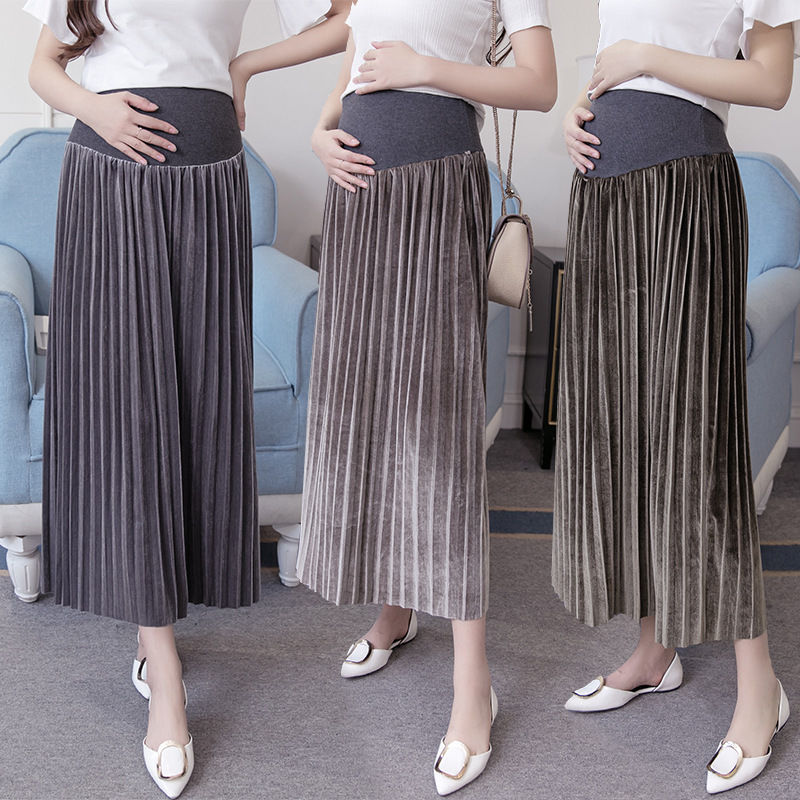 Jupe de maternité plissée en velours doré pour femmes enceintes, longue et ample, Abdominal, printemps-automne