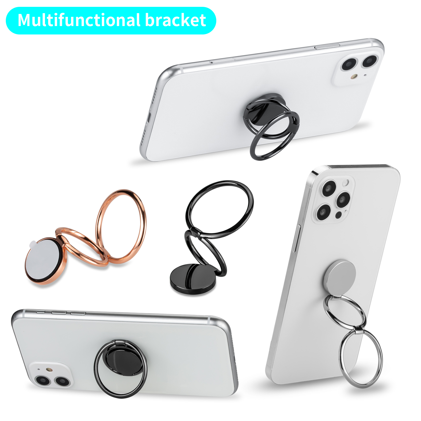 Luxury Universal Plating Gold Silver Black Metal Double Finger Ring Mobile Phone Talk Round Grip Stand Holder Women