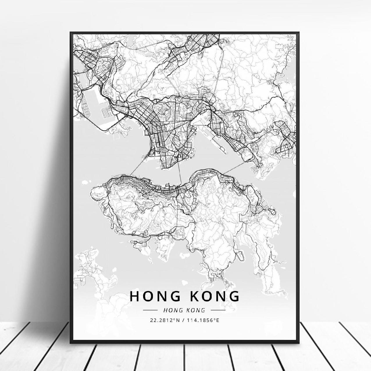 Zwart En Wit Hong Kong Hong Kong Wit Latitude Longitude Canvas Art Kaart Poster