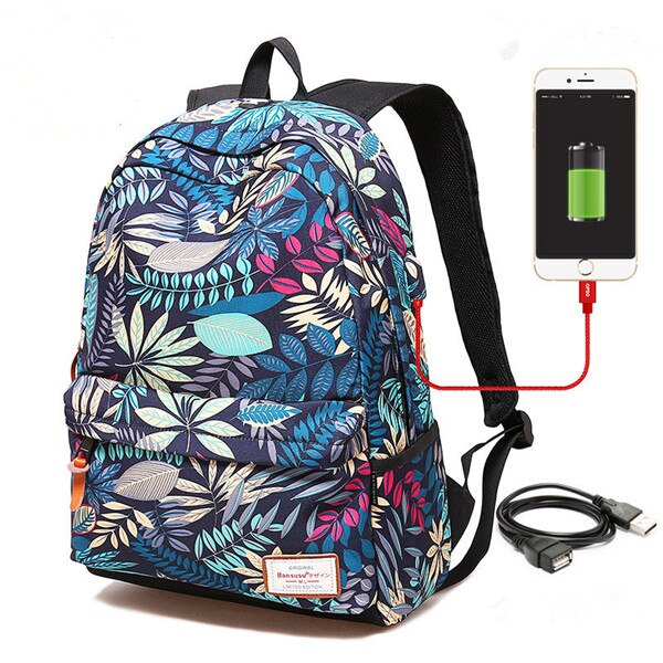 Heißer USB Ladung Laptop frauen Rucksack Für Teenager Studenten Mädchen Schule Rucksack Druck Weibliche Reise Bagpack: Blau groß