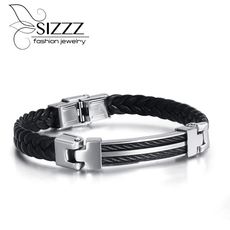 20cm Lange 8mm Breed Sieraden Exquisite PU Lederen Trendy Roestvrij Stalen Armband & Armband Voor Mannen