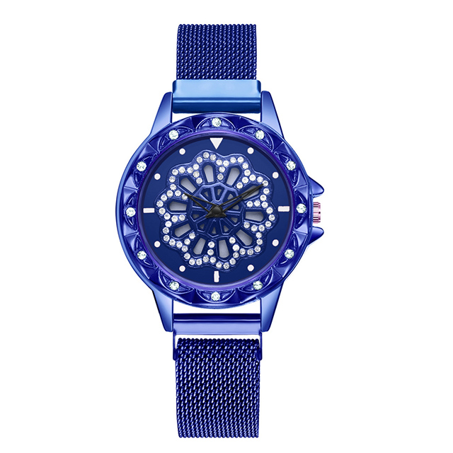 Kvinder armbåndsure kvinders roterende magnetiske heldige damer krystal kvarts armbåndsure reloj femenino: Blå