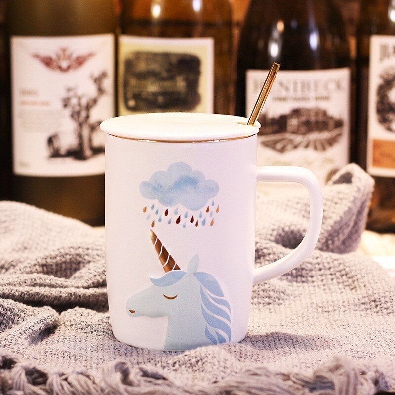 Kaffekrus reise kaffekopp gullkant keramiske porselenskopper for kaffe melk te kopper og krus søt enhjørning krus: D