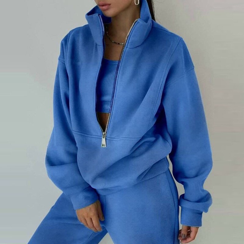 Casual Oversized Polo Zipper Sweatshirts And Trouser Tracksuits Set Women Fleece Two Piece Set Spring Winter Sports Warm Suit