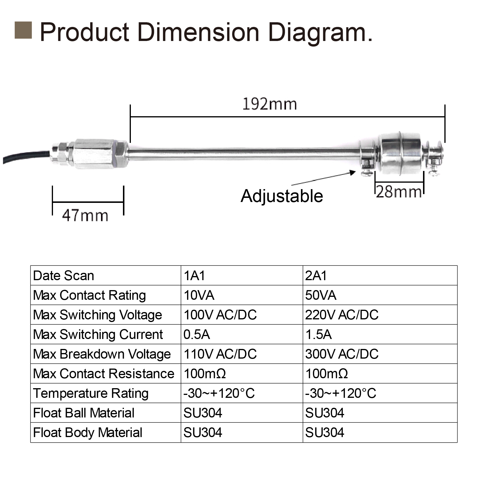 304 Stainless Steel Adjustable Float Switch Water Level Sensor Liquid Controller for Tank & Water Tower
