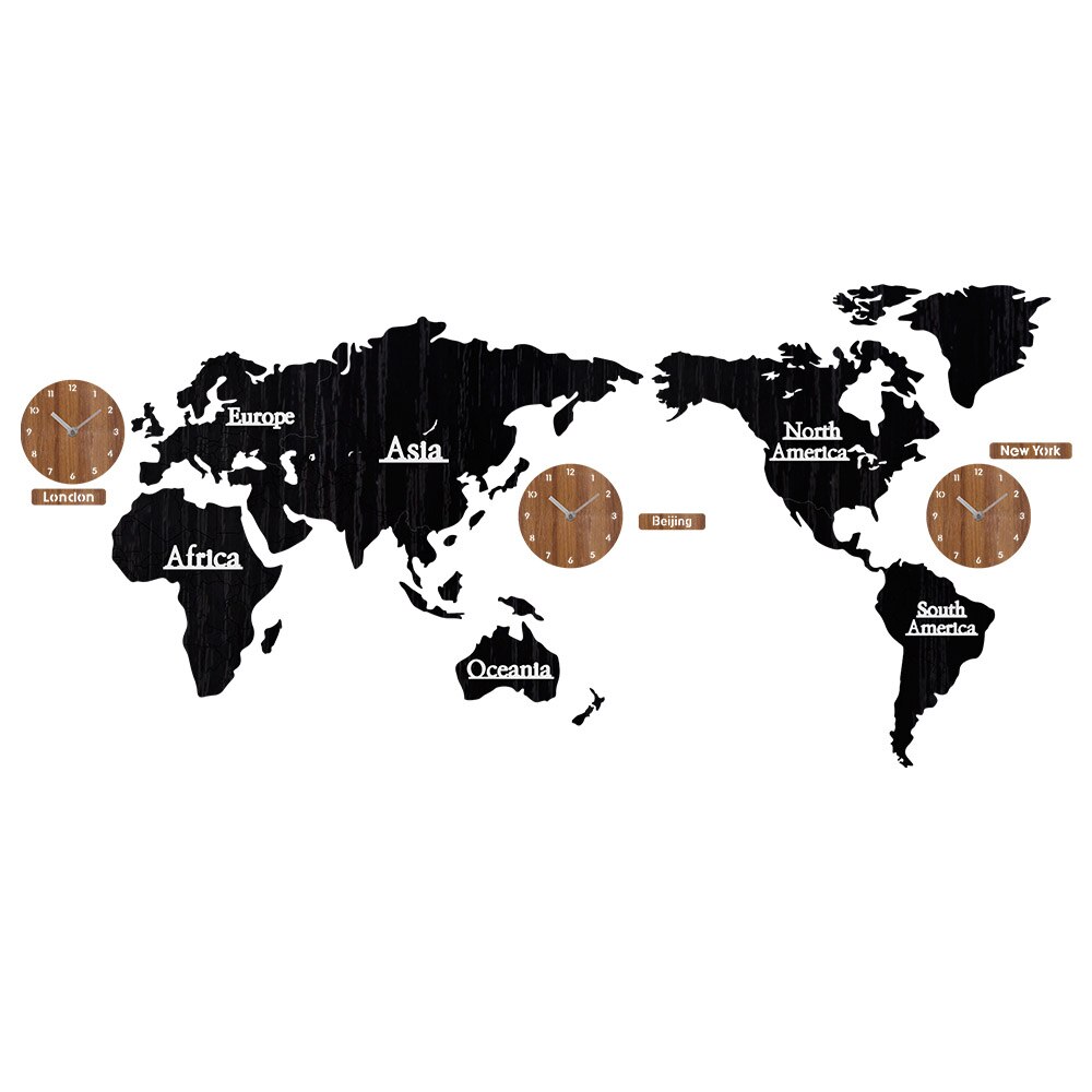 Wall Clock World Map Modern DIY 3D Wooden World Map Wall Clocks Large Wooden MDF Wood Watch Mute Relogio De Parede Clocks: Black with Brown