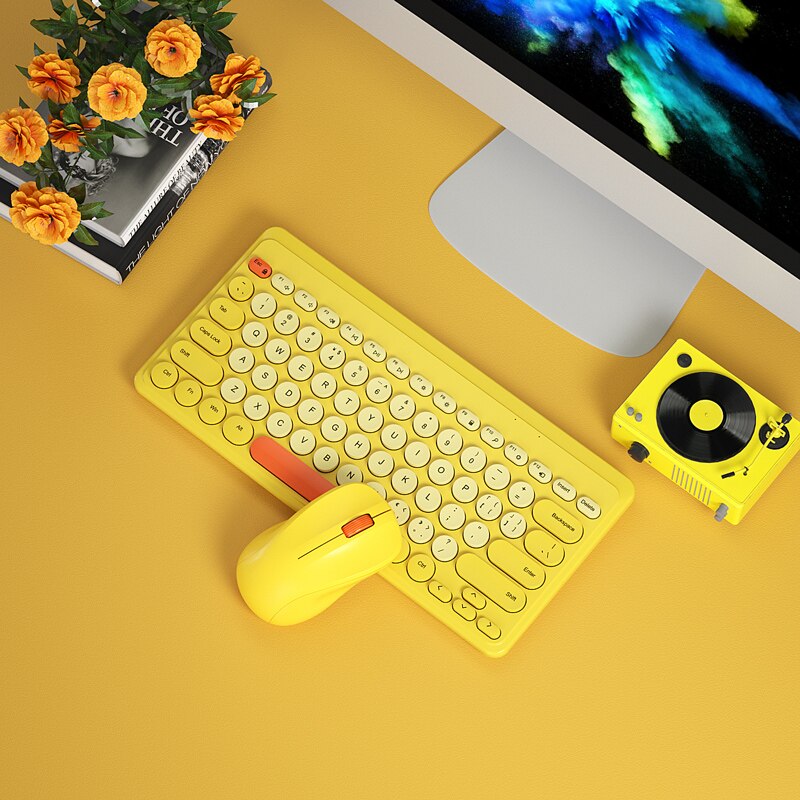 Mini Wireless Keyboard Bluetooth Keyboard And Mouse Keycaps Bluetooth Keyboard For ipad Phone Tablet Laptop: Yellow with Mouse