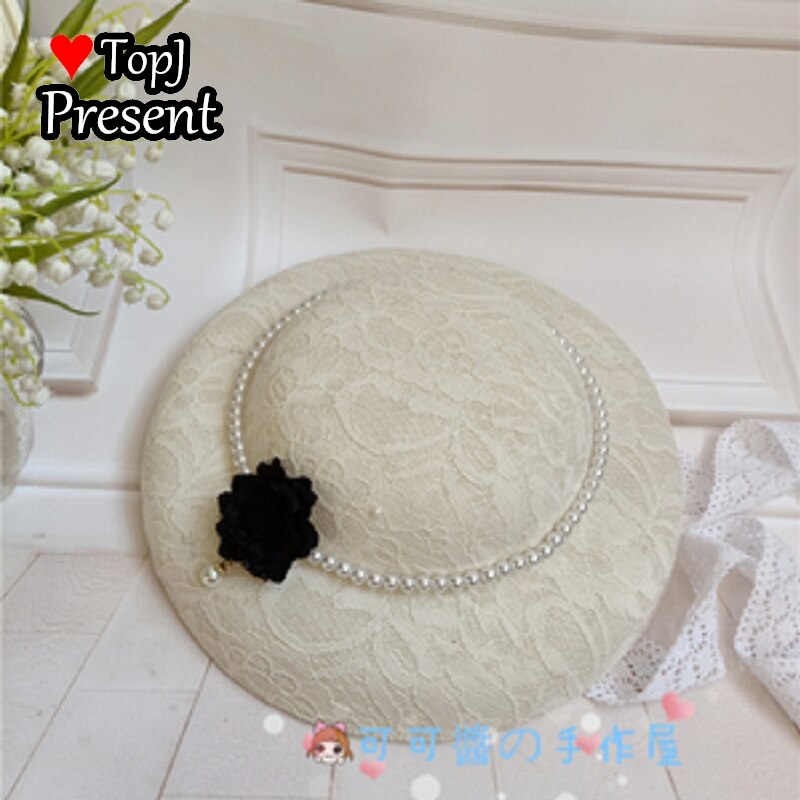 Lolita Hanyang eclectic hat retro linen flat hatGorgeous Hand made hat Ming Hanfu pearl bandage: White 2