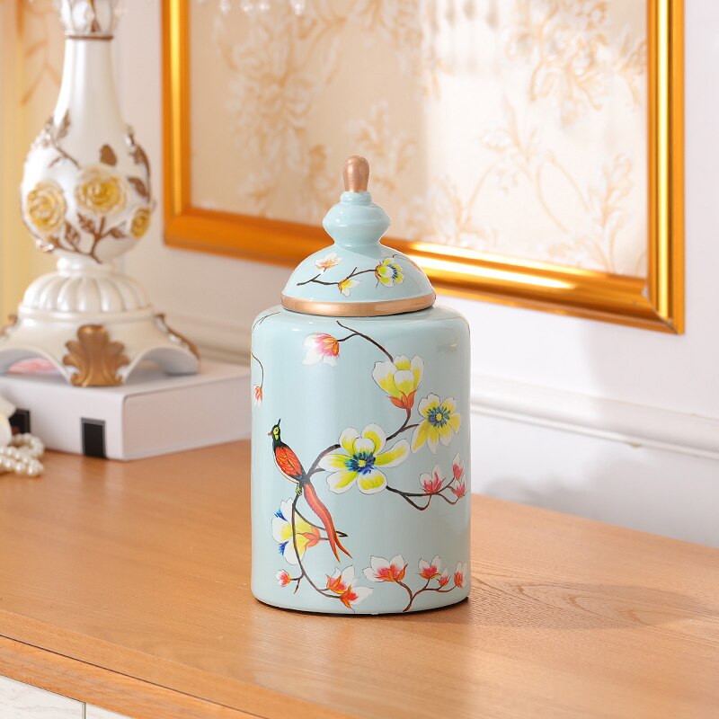 Jarrón de cerámica pintado de flores y pájaros, jarrones clásicos, tarro de caramelo antiguo, tarros de almacenamiento de porcelana multiusos, decoración Vintage para el hogar: Blue Small