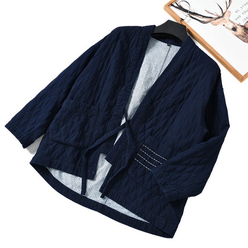 Men Navy Blue Thick Knitted Denim Kimono Jacket Japan Style Spring Autumn Open Placket Male Haori Loose Coat
