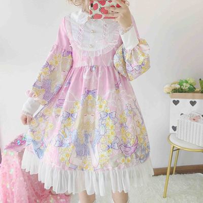 Japanese Lolita Dress Daisy Girl Long Sleeve Op Dress Japanese Small Fresh sweet dress: Pink