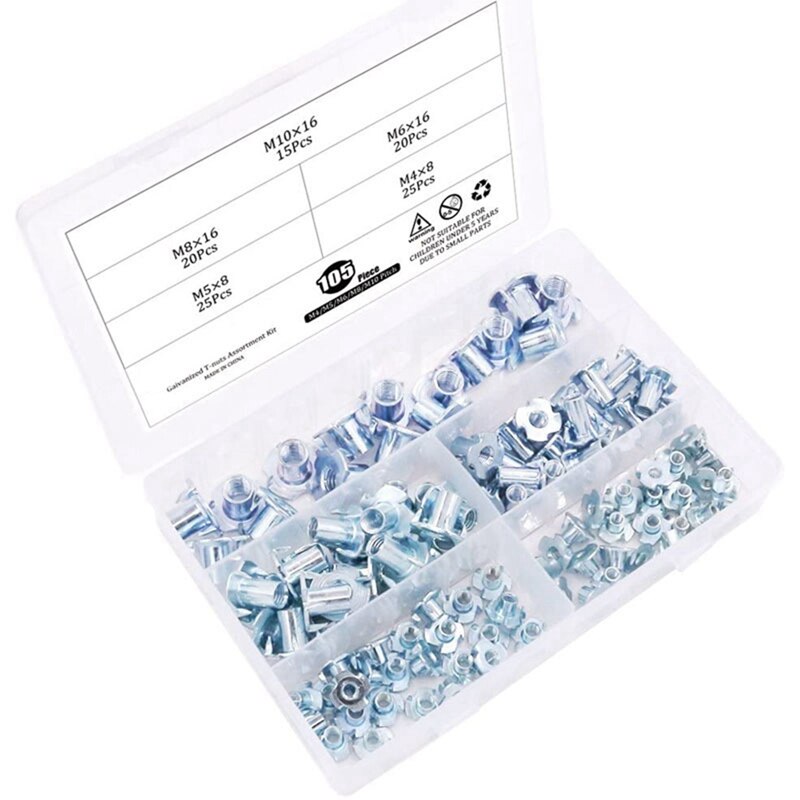 105 Pieces Of M4 5 6 8 10 Galvanized Steel T-Nut Four-Claw Nut Sorting Kit Suitable For Wooden Cabinet Furniture