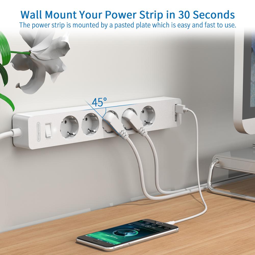 NTONPOWER Wall Mounted USB Power Strip Surge Protector with 3/5 Ports 2 USB Extension Socket EU Plug for Home Network Filter