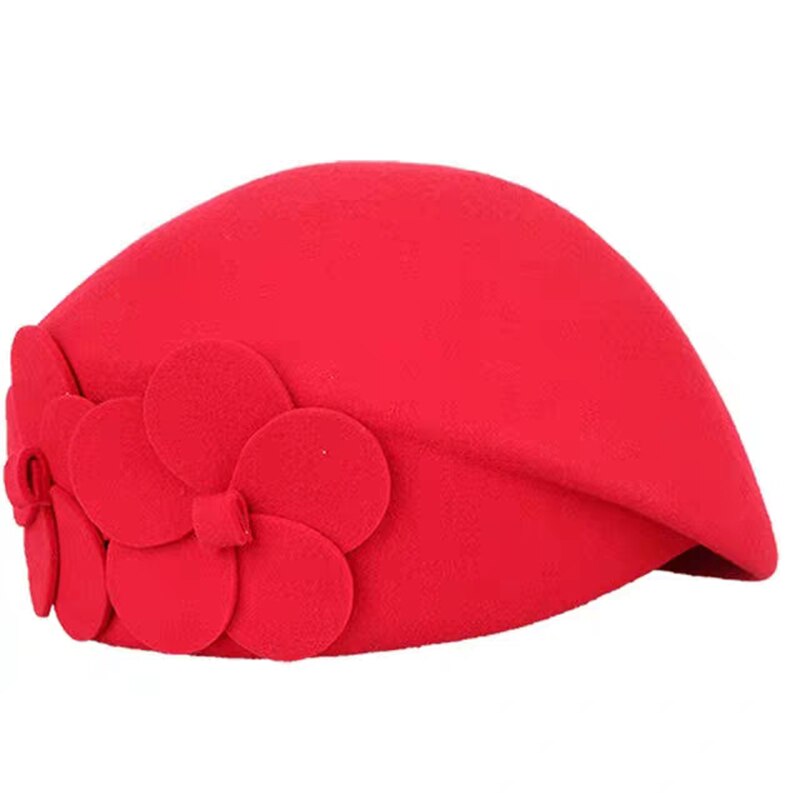 Mærke vinter top hat beret hat blomst kvinder kvindelig beanie cap blomst fransk trilby uld blød stewardesse hat: 1
