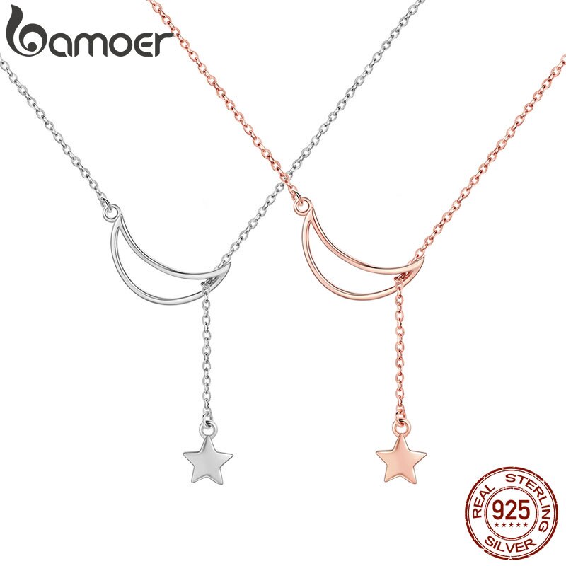 BAMOER Neue 925 Sterling Silber Mond und Sterne Geschichten Kette Verknüpfung Anhänger Halsketten für Frauen Edlen Schmuck SCN108