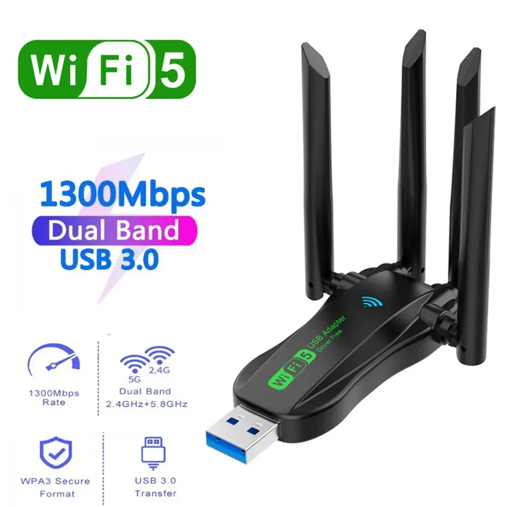 1300Mbps USB WiFi Adapter 2in1 Dongle Dual Band 2.4G&5GHz WiFi 5 Network Wireless Receiver DRIVER FREE: Blue