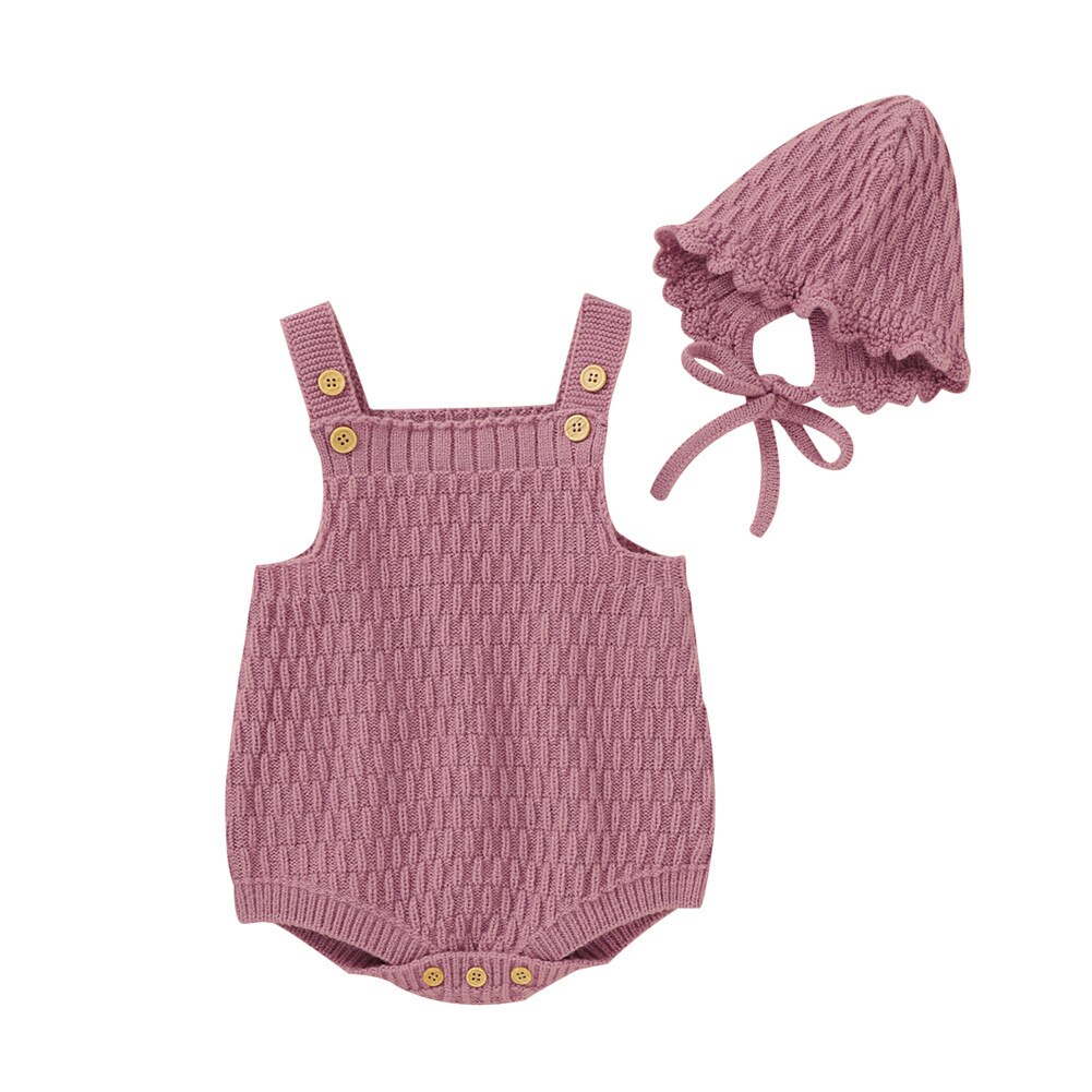 Focusnorm 4 Kleuren Baby Meisjes Jongens Gebreide Trui Rompertjes Hoeden 2 Stuks Solid Ruches Mouwloze Warm Jumpsuits: Roze / 6m