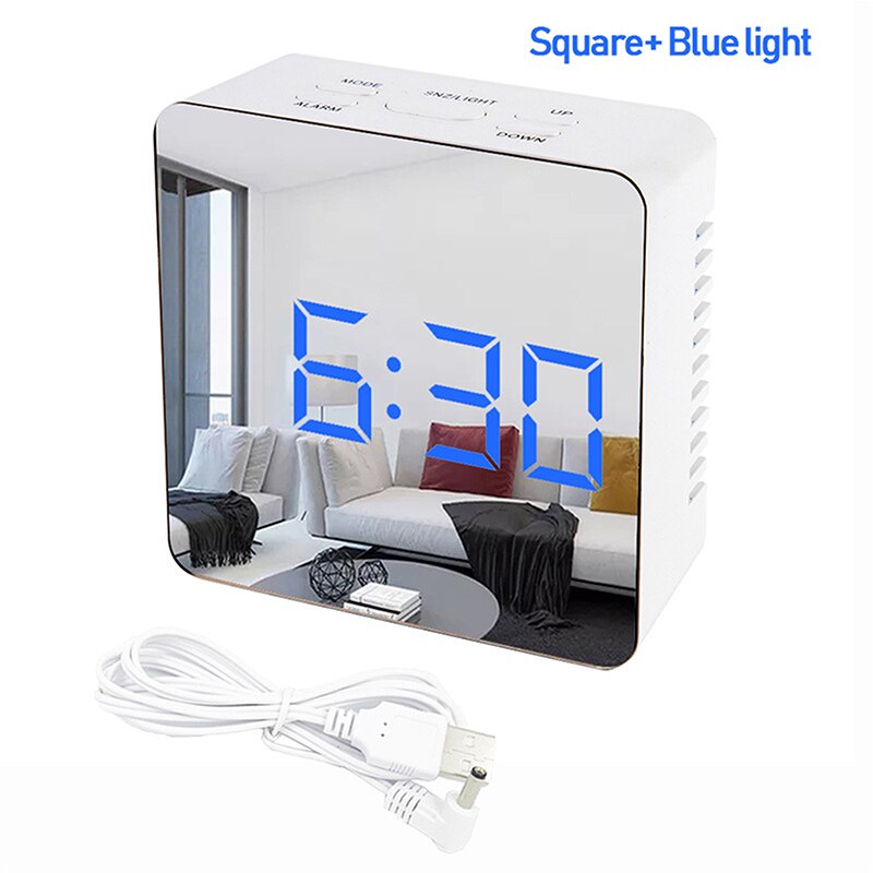 Digital Mirror LED Display Alarm Clock Multifunction Snooze Desk Clock Temperature Calendar USB/AAA Powered Electronic: B-8.1x8.1x3.4cm-4