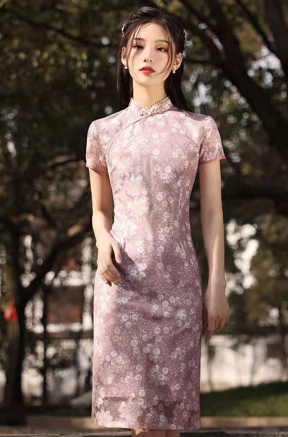 De talla grande 2XL Rosa dividida vestidos Cheongsam moderno largo mujer de seda de estilo chino Qipao vestido ropa tradicional: XL