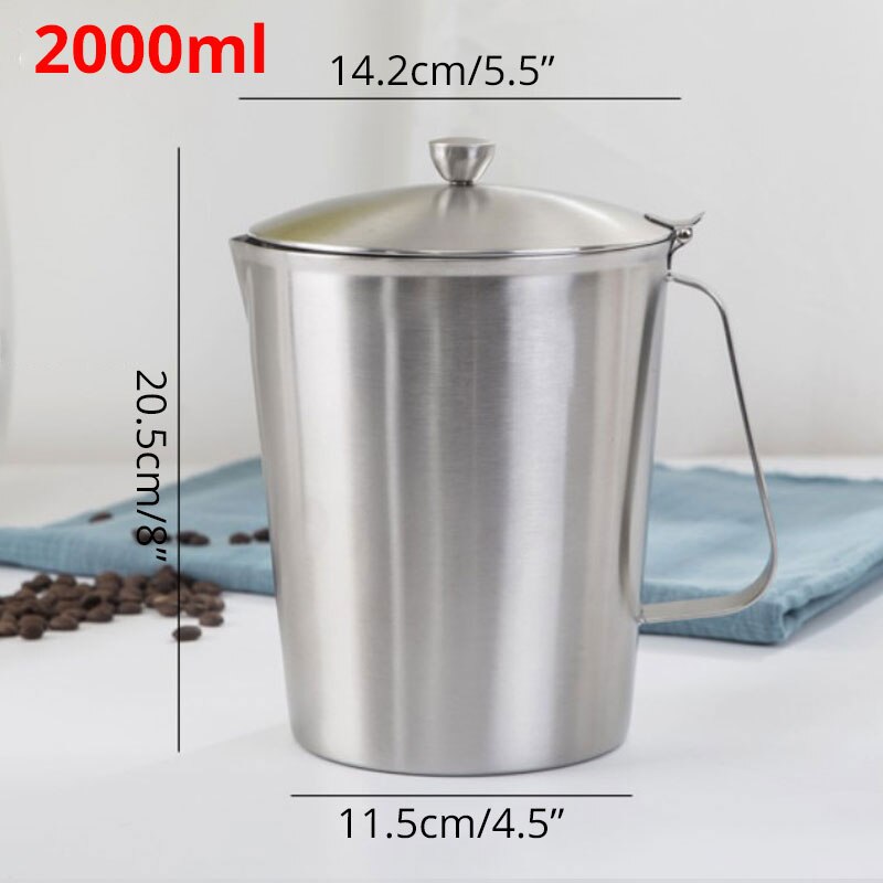 Milk Frothing Pitcher Jug with Lid and Measurment - Upgraded Thicken 304 Stainless Steel Measuring Cups Coffee Foam Container: 2000ml