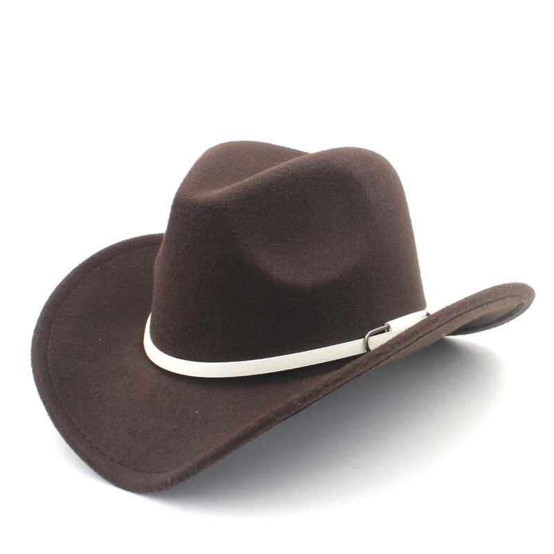 retro kvinner menn ull vestlig cowboyhatt rull-opp avlet kant filt cowgirl jazz gudfar sombrero lokk med hvitt belte størrelse 56-58cm