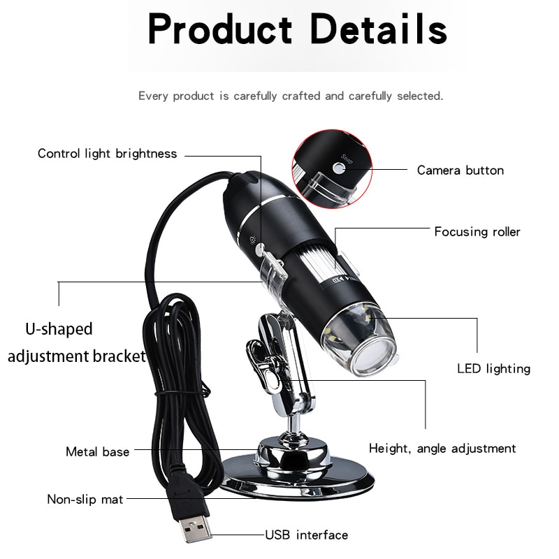 1000X HD Digital USB Microscope Handheld Portable Digital Microscope USB Interface Electron Microscopes with 8 LEDs with Bracket