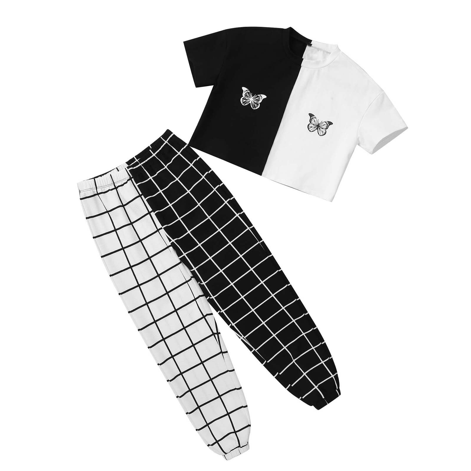 4-16Y Girls Sports Set Kids Girls Clothes Sets Butterfly Print Crop Tops + Plaid Pants Summer Teen Workout Dancewear: 12