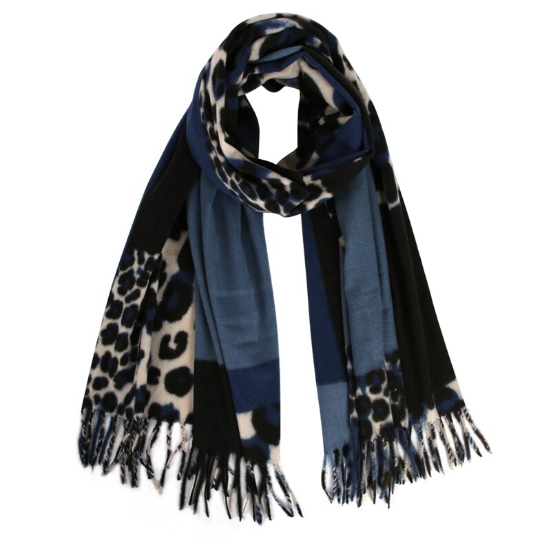 Rævemor kvinder sjal wrap med kvast dyr leopardprint kashmir pashmina tørklæde vinter foulard femme: Blå