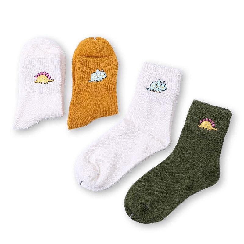 4 par kvinder sokker bomuld dinosaur kvindelige sokker søde dyre broderi sokker 35-40 eur: Default Title