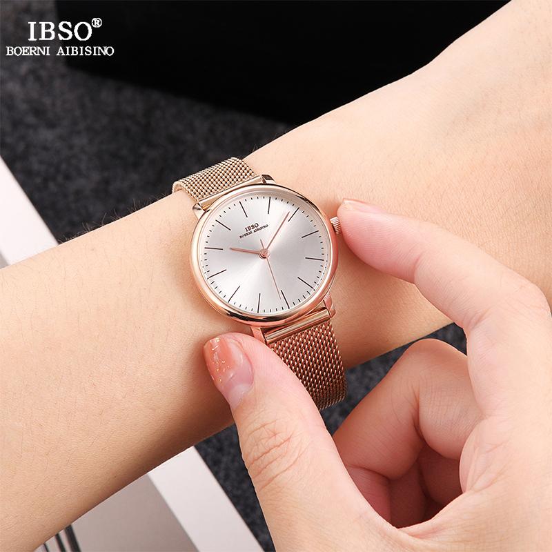 IBSO – ensemble de montres Ultra fines pour femmes, 8mm, maille or Rose, bracelet en acier inoxydable, à Quartz, horloge, pour dames