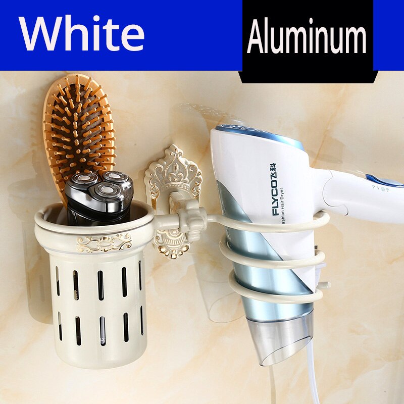 Antieke Föhn Houder Met Cup Aluminium Badkamer Plank Metalen Föhn Rack Huishoudens Haar Föhn Houder Accessoires: White with Cup