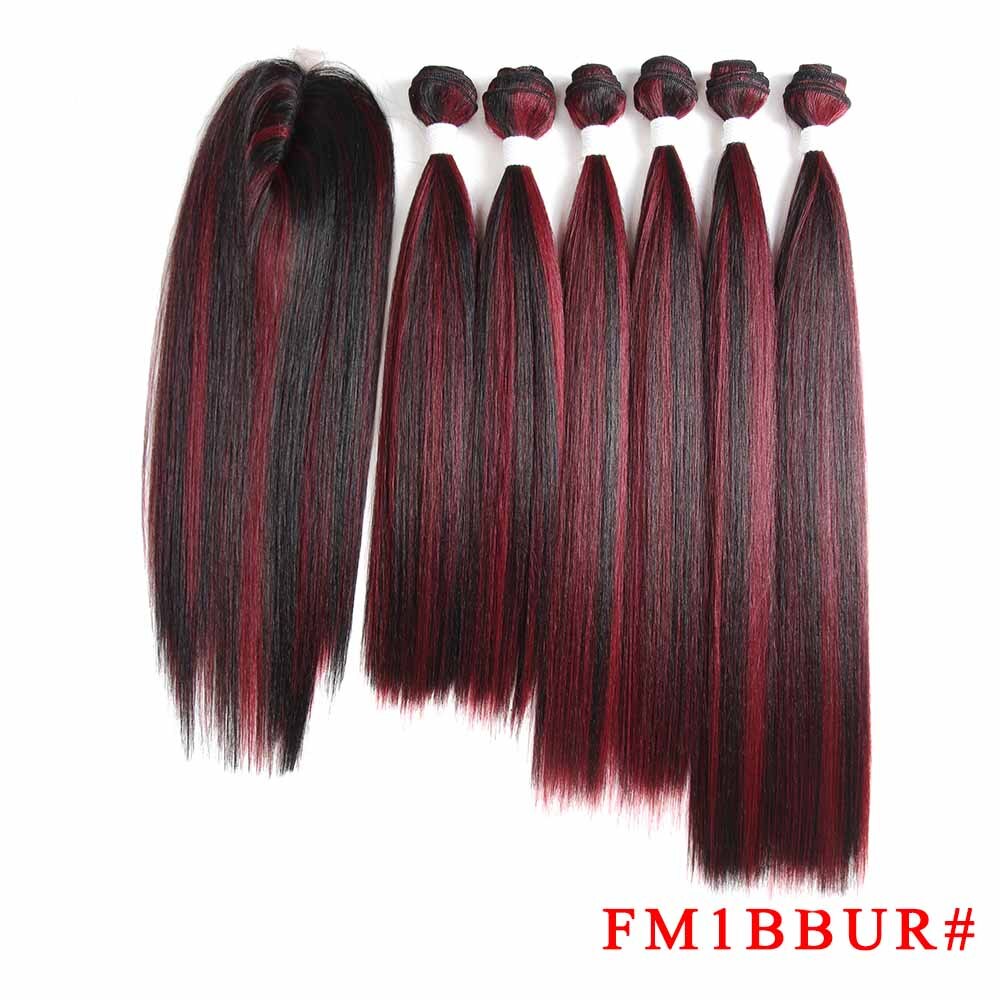 Ombre Bruin Yaki Rechte Synthetisch Haar Bundels Met Sluiting 14-18Inch Soku Hoge Temperatuur Fiber Bundel Haar weven