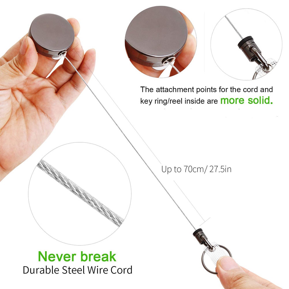 2Pcs Badge Holder Reel Heavy Duty Recoil ID Belt Office Metal Clip Key Ring Name Card Lanyard Pull Retractable Keychain