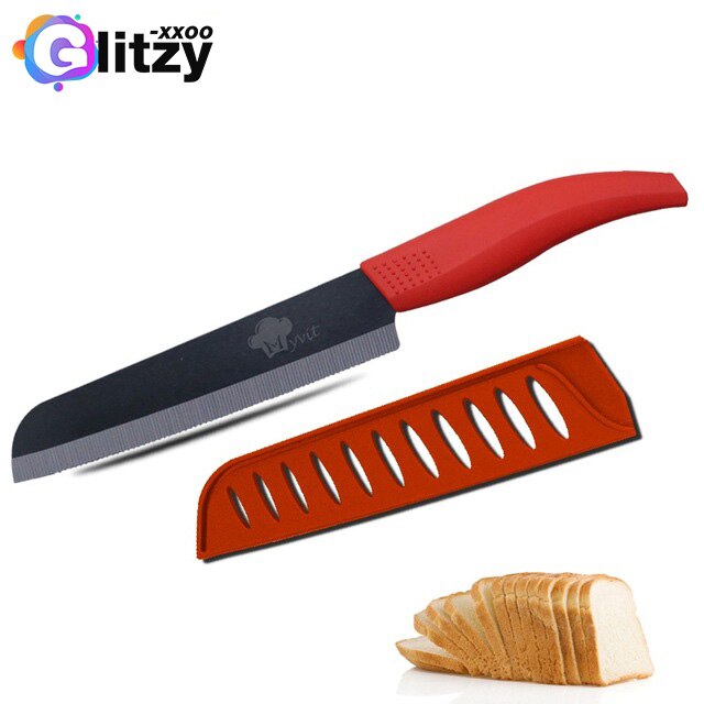 Ceramic Knife 6 5 4 3 inch Kitchen Chef Knives Zirconia Black Blade Utility Slicing Paring Fruit Vegetable Meat Cutter Tool: BREAD KNIFE RED