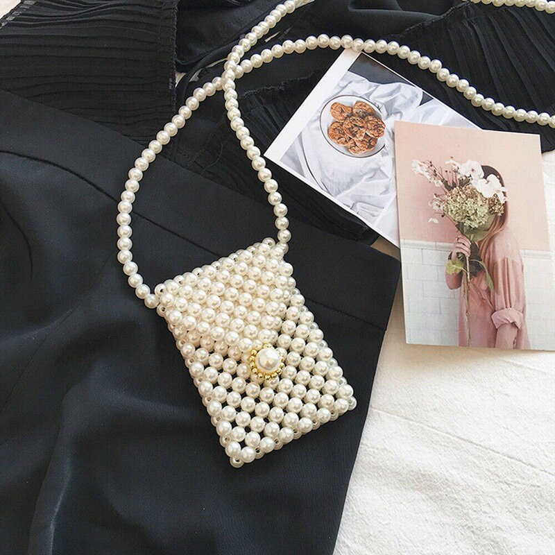 Damer kvinders håndlavede vævet perletaske hvide kvinder beaded læbestift lommepose: 2