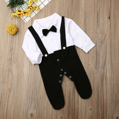 Mode Baby Baby Boy Kleding Katoen Kids Party Formele Boog Lange Mouw Voet Cover Romper Jumpsuit Outfits 0-12M