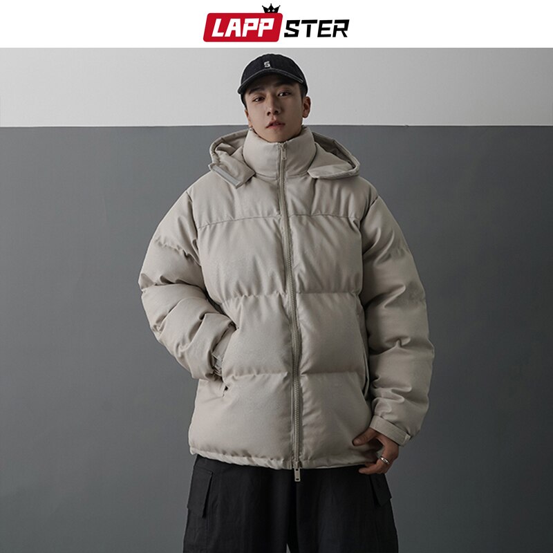 LAPPSTER Männer Japanischen Streetwear Leder Puffer Jacke Herren Hüfte hüpfen Schwarz Winter blasiert Jacken Mäntel Paar Koreanische Parka