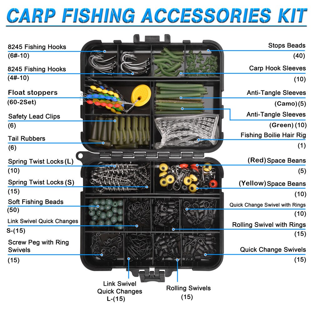 348 pz/scatola carpa attrezzatura da pesca scatole set con Matt cambio rapido girevole collegamenti gancio Boilie esca ferma carpa Leader rigs accessori