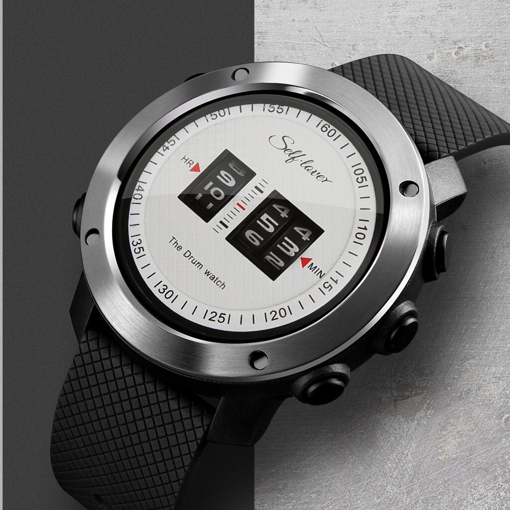 Mens Drum Roll Watch Stunning Unique Watch Rolling Time Rubber Strap Buckle Men's Watches Men's Wrist Watches Relogio Masculino