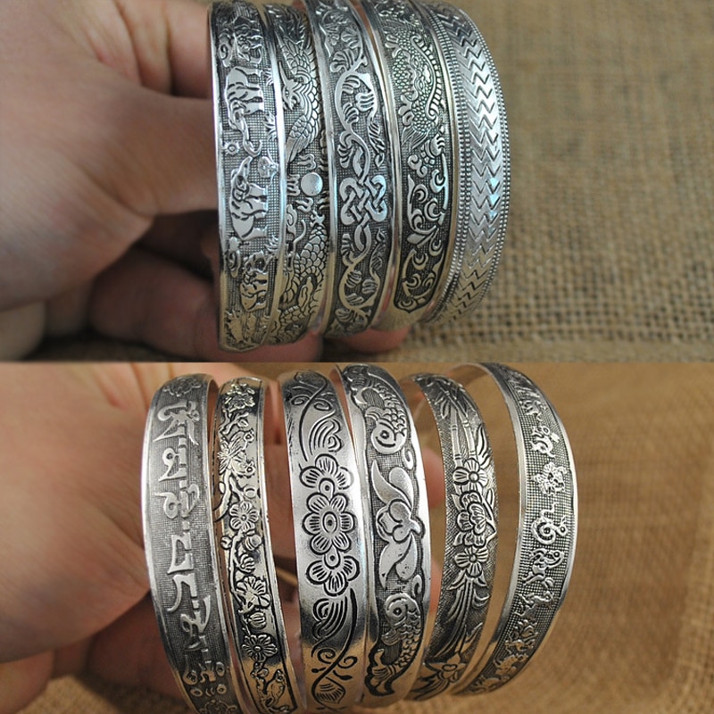 Top Charm Bracelets Tibetan Tibet Plated Bracelets Charming Round Metal Cuff Bangles Women Jewelry