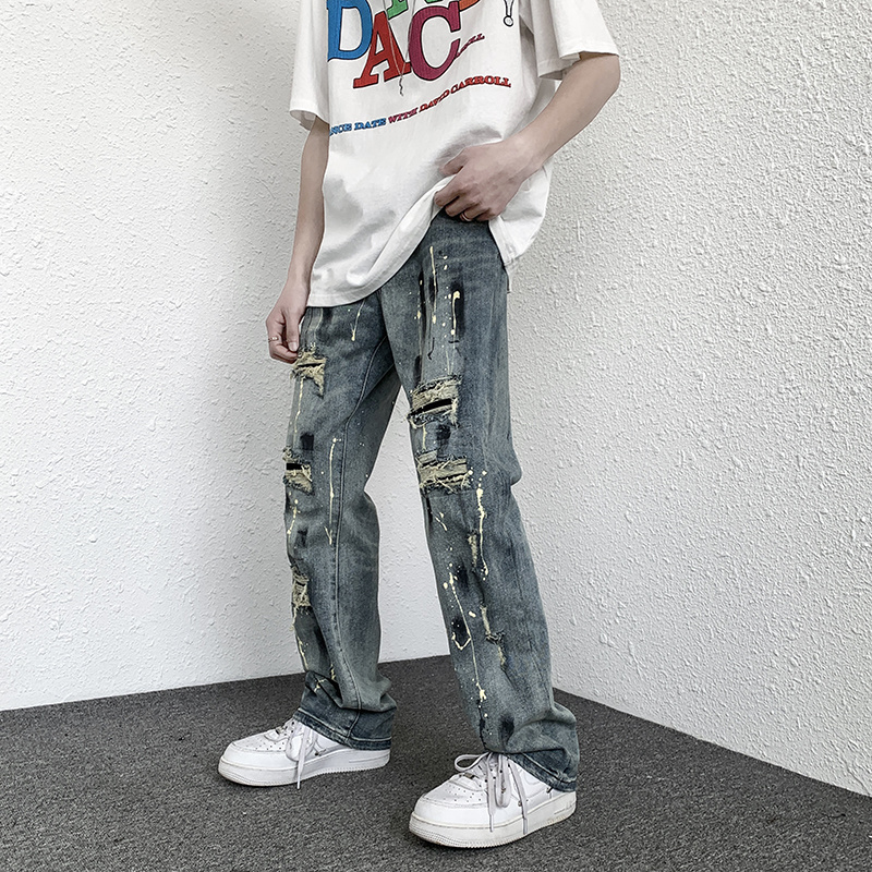 Blu strappato jeans uomo sottile moda casuale gonfio jeans dritti uomo Streetwear anca salto buco denim pantaloni uomo pantaloni M-2XL