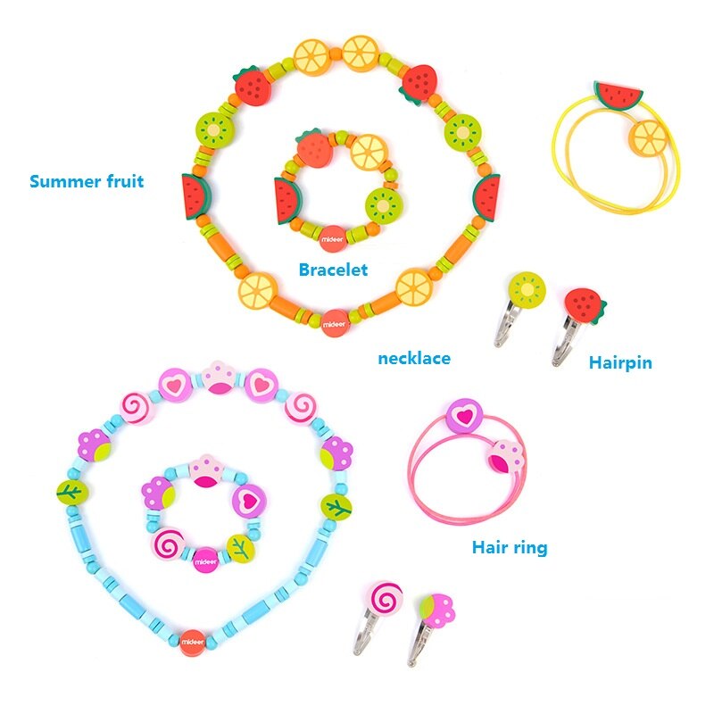 Jouet pour enfants collier fille jouer maison en bois ensemble de bijoux Simulation en bois collier ensemble épingle à cheveux enfants cheveux cravate Bracelet