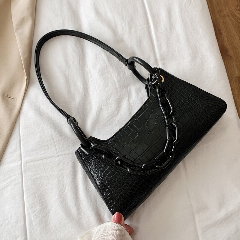 Petits sacs à bandoulière pour femmes en cuir PU, à chaîne épaisse, , sac à main motif Crocodile,: Black