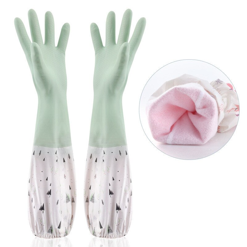 Guantes de goma para lavar platos, manoplas de látex impermeables para limpieza del hogar, con forro aterciopelado de algodón para Cocina: green