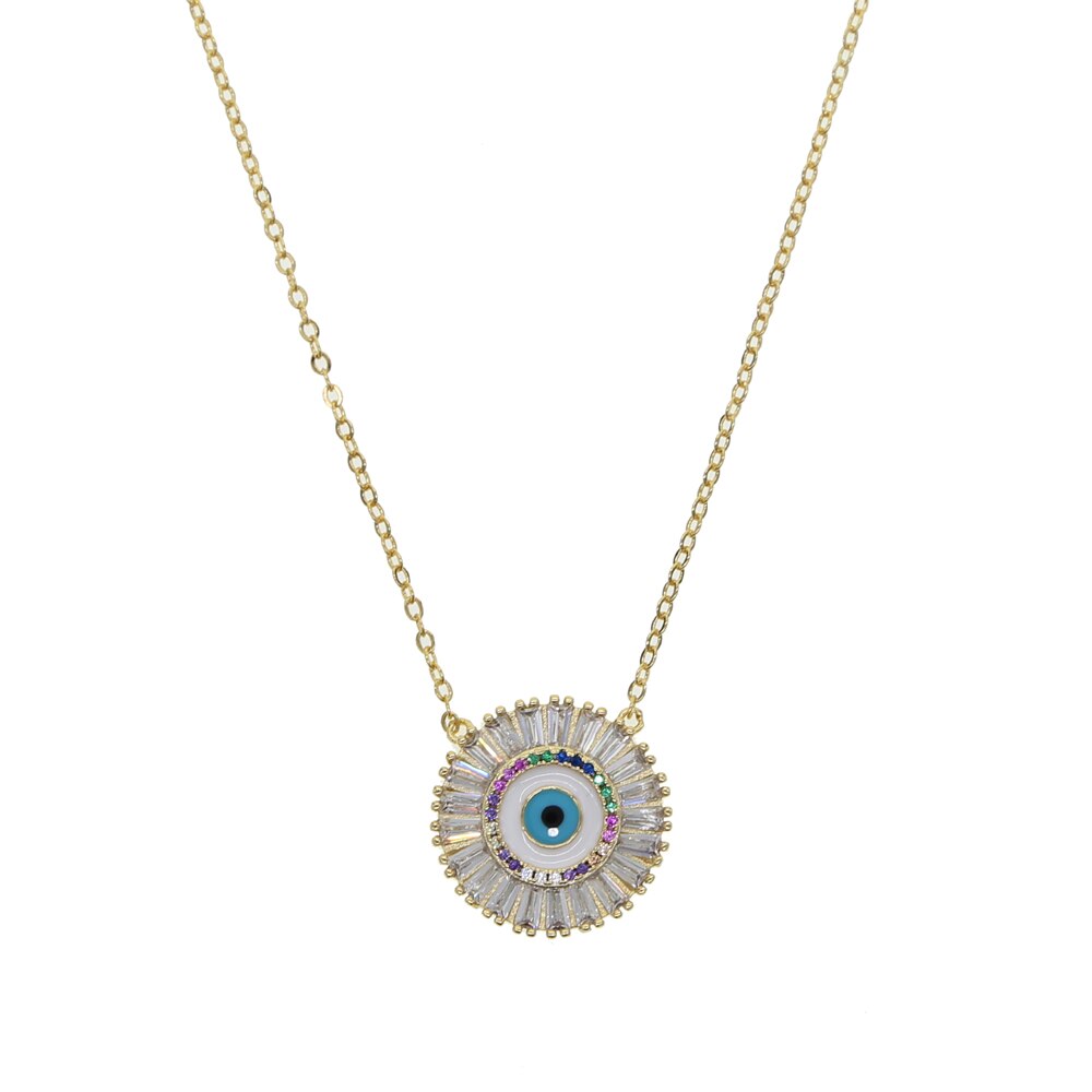 Cz Kettingen Turks Grote Witte Regenboog Stone Evil Eye Ronde Hanger Vrouwen Ketting Meisje Sieraden: Goud-kleur