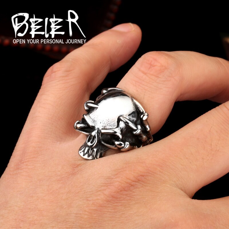 Beier Winkel 316L Rvs Gothic Punk Claw Thingking Schedel Skelet Heren Ringen LLBR8-049R