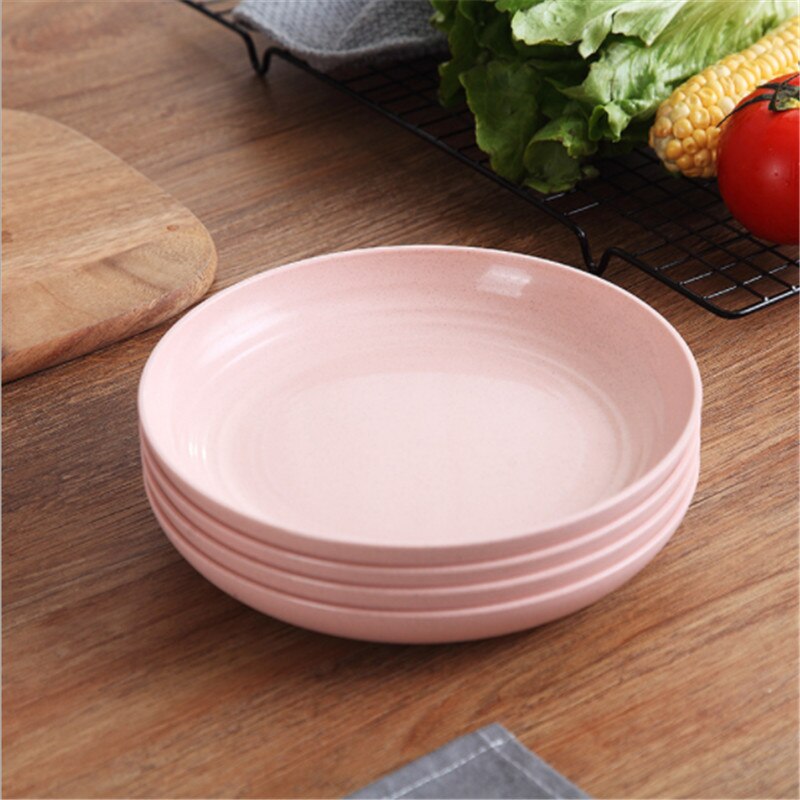 4 Pcs Eco-friendly Food Snack Dish Plate Wheat Straw Lunch Dinner Dessert Fruit Plate Tray Tableware 4 Colors Serving Plates: Pink